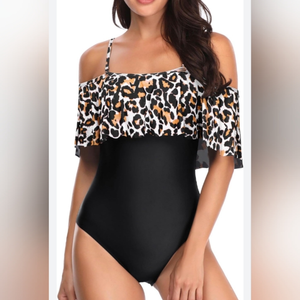 Tempt Me Womens Small One Piece Swimsuit Leopard Print Flounce Ruffle Feminine